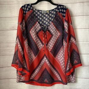 Figueroa & Flower Patchwork Blouse Red White Blue Handkerchief 3/4 Sleeves XL